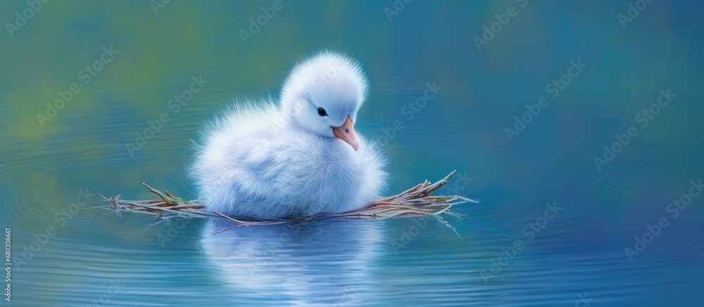 heart of summer, amidst the vibrant hues of nature, a baby bird with downy white feathers sat by the beautiful blue lake, its cute appearance capturing the attention of all who passed by.