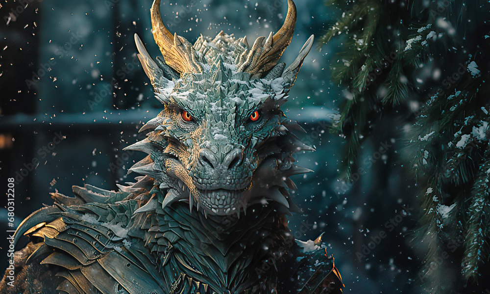 Green dragon with red eyes.