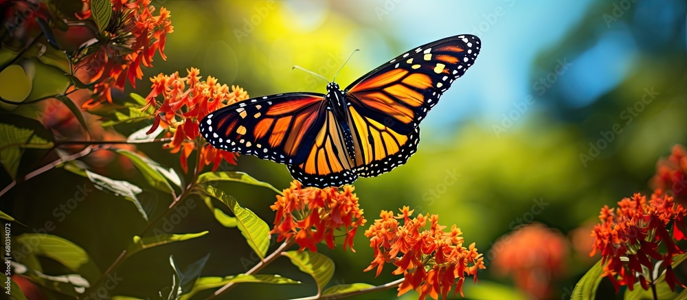 In the colorful garden, a Monarch butterfly gracefully fluttered from flower to flower, its orange wings catching the eye with their vibrant hue, as it collected nectar from the milkweed, a vital