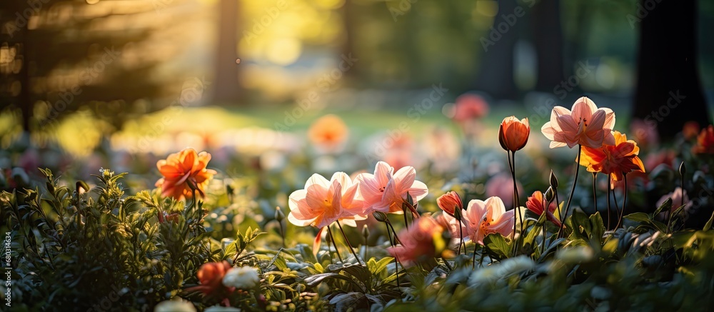 In the beautiful natural forest, a colorful garden of flowers blooms in the summer, as the green trees sway and the leaves rustle in the warm sunlight, showcasing the organic growth and vibrant colors