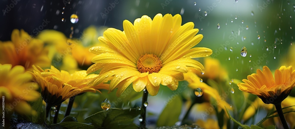 In the vibrant garden, amongst the lush green foliage, colorful flowers bloom in various hues, like a painting of natures beauty in full summer bloom. The yellow petals glisten with raindrops, adding