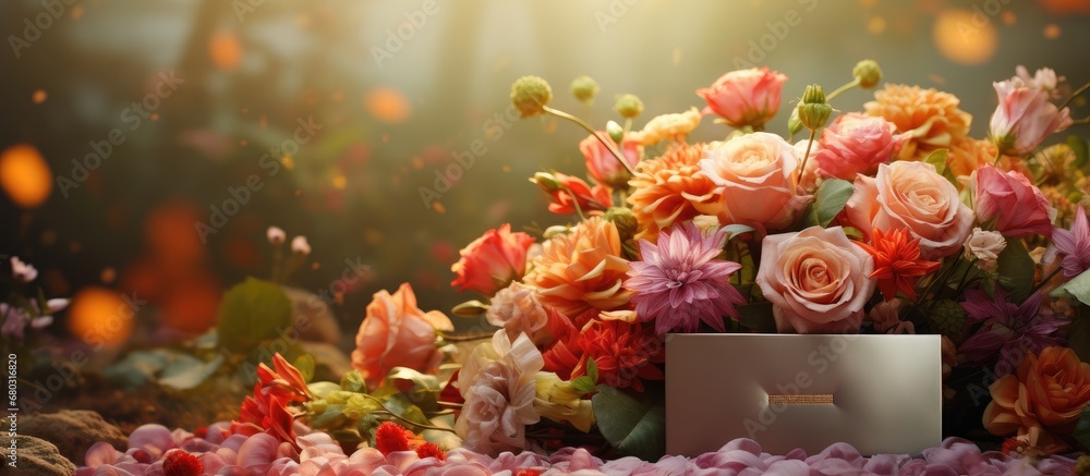 background of a lush autumn garden, a bouquet of colorful flowers serves as a beautiful gift, complementing the floral beauty. With a green card that reads  Congratulations,  this Valentines Day gift