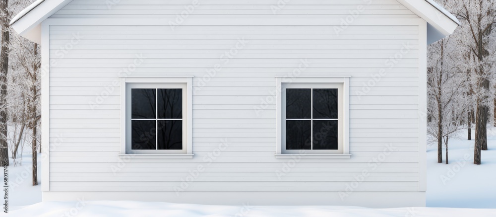 In the frame of a white wooden house, the black metal window stood against the snowy winter background, adding texture to the architecture and ensuring security in the building construction.