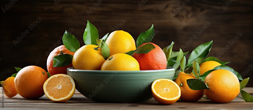 On the wooden table sits a colorful bowl filled with an assortment of ripe, tropical fruits, including sweet oranges, tangy tangerines, and juicy mandarins, offering a healthy, enticing mix of natural