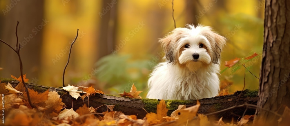 In the lush green forest, a beautiful Havanese puppy happily frolics in the autumn leaves, its silky hair blending with the natural beauty of the surroundings.