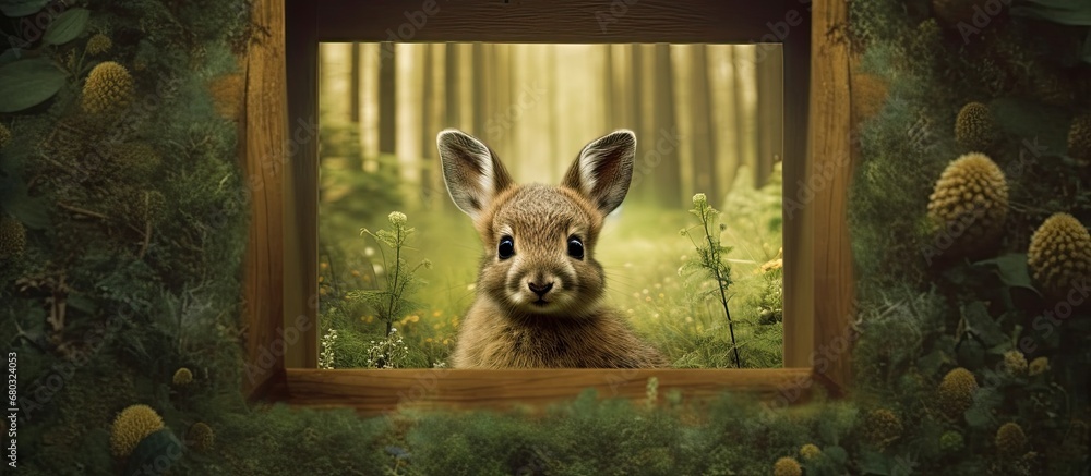 picturesque forest, a cute portrait of a mammal is framed by the abstract background of a wooden frame made from the natural timber of the majestic trees, blending harmoniously into the enchanting