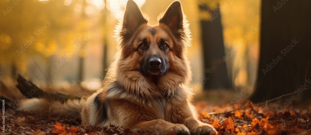 In a picturesque outdoor landscape, a beautiful German shepherd dog with a thick yellow fur gazes into the camera, revealing its cute and expressive eyes. This adorable canines face captivates with