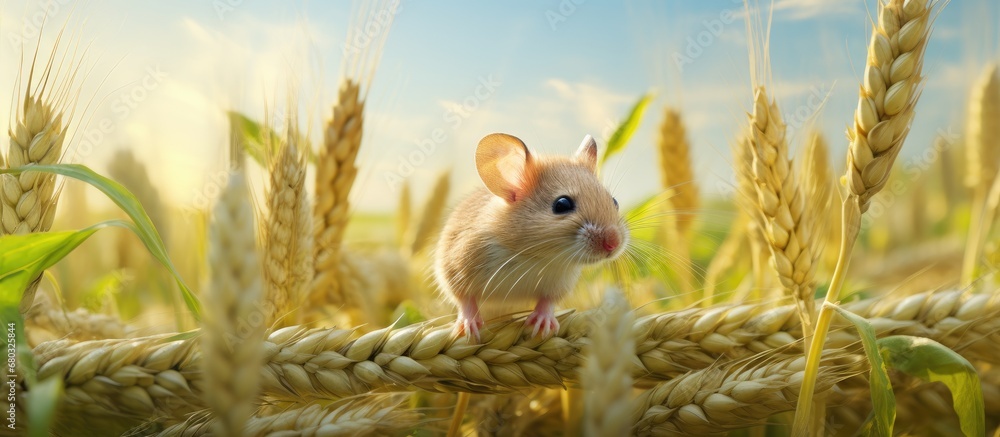 beautiful expanse of the green grass field, a cute little mouse with colorful fur scurried around, blending into the vibrant nature background of the farm near the house, as if it were a tiny animated