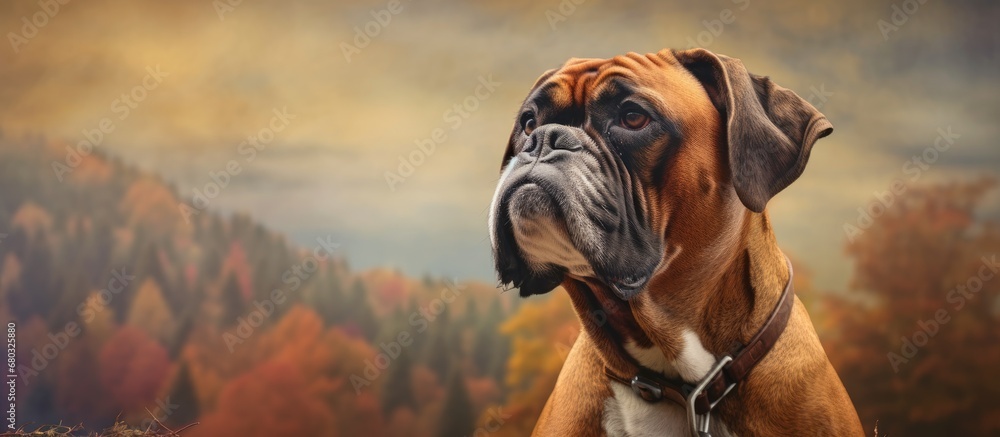 In the serene embrace of nature, a magnificent purebred boxer dog patiently poses for a portrait, showcasing its vibrant personality through expressive eyes, cropped ears, and a regal head, captured