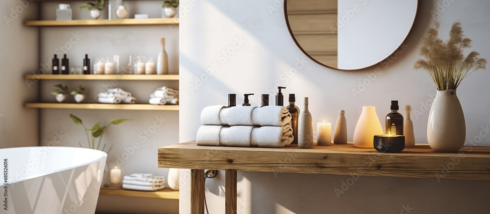 In the beautiful background of a spa, a table is set with cosmetics and skincare products as a means to promote a healthy and natural lifestyle focused on self-care and body beauty. The bathroom is