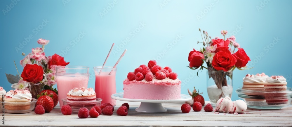 On her birthday, she decorated the table with a beautiful pink rose flower arrangement and set out delicious cranberry and strawberry desserts on a wooden background, while the cyan blue cherry