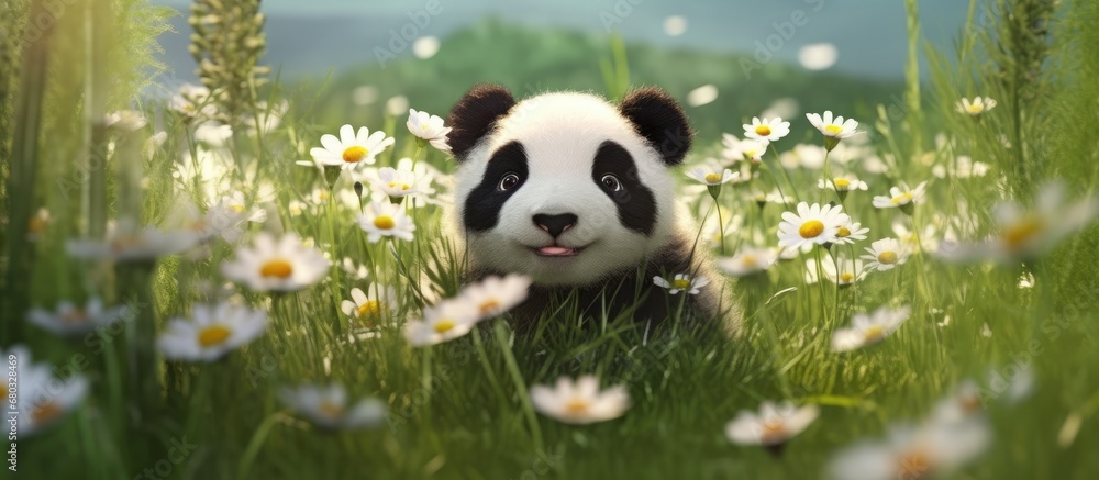 In the background of a lush green summer landscape with tall grass and blooming white flowers, an adorable Asian animal with a black and white face poses for a cute portrait on a farm, showcasing the