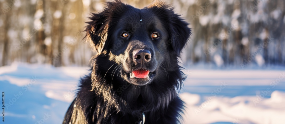 In the midst of winter, a young black purebred dog ran through the snowy landscape, its hair glistening in the sunlight, creating a cute and funny portrait.