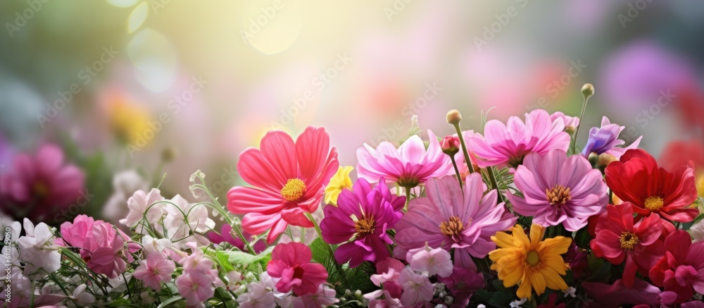 In the background of a lush green garden, colorful flowers blossomed, showcasing the natural beauty and floral splendor of the vibrant summer and spring seasons, with pink petals adding to the