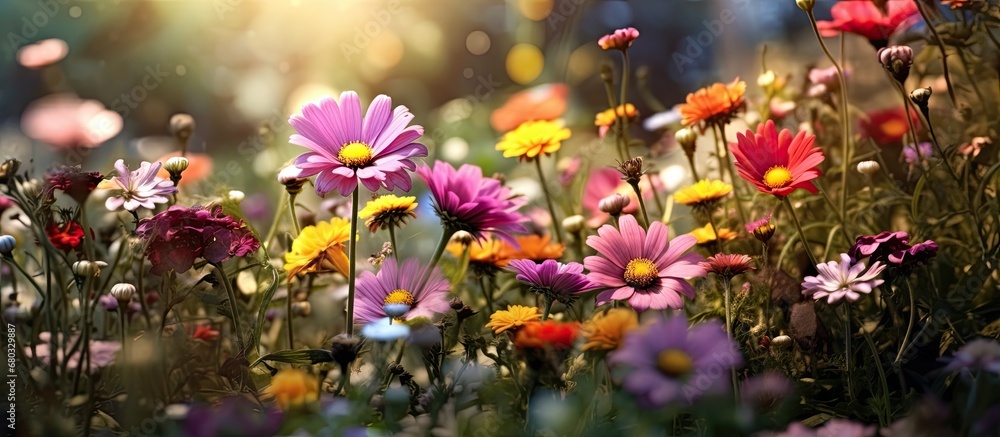 The vibrant garden bloomed with a stunning array of colorful flowers, their petals dancing warm sunlight as natures floral paradise came to life.