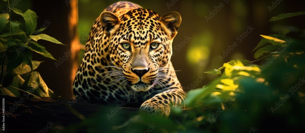 In the heart of the wild African jungle, a majestic leopard, a predator of the animal kingdom, quietly prowls, showcasing a stunning portrait of natures beauty in the tropical park of Africa