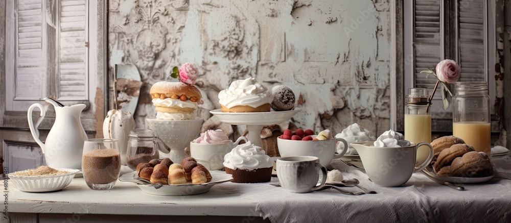 In a charming vintage caf with a beautifully designed white table, the background showcased textured art featuring a mouthwatering breakfast spread of food, accompanied by a delicious cup of coffee