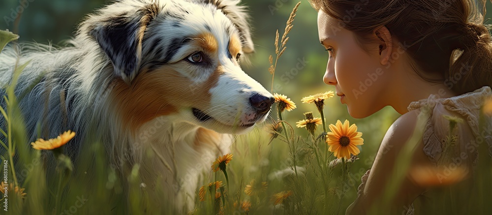 The woman, accompanied by her Australian Shepherd puppy, took a leisurely stroll through the lush green grass of the forest, surrounded by the serenity of nature the white fur of her canine friend