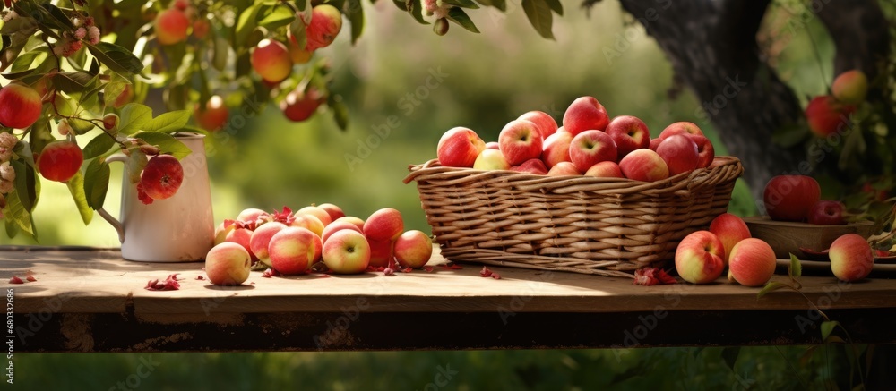 In the lush garden, next to a bench, a carton of ripe, red Fuji apples sat, radiating freshness and natural sweetness; these healthy, organic fruits were a vitamin-rich delight, ready to be savored as