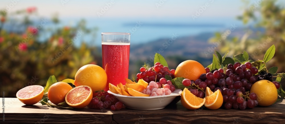 In the midst of a picturesque natural background, a table adorned with an array of healthy food showcases a glass of invigorating red organic juice, infused with lemon and sweetened with honey