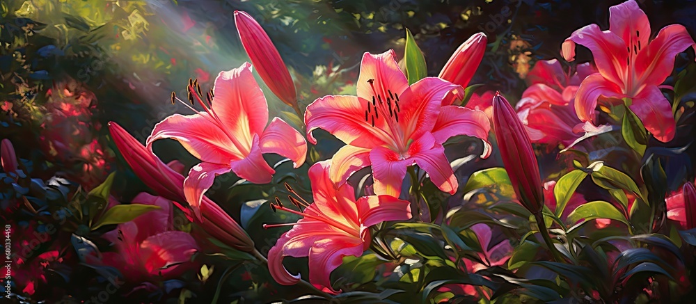 In the magnificent garden, a plethora of beautiful flowers adorned the landscape, including vibrant red and delicate pink lilies gracefully blooming under the warm sunlight, with the crimson hues of