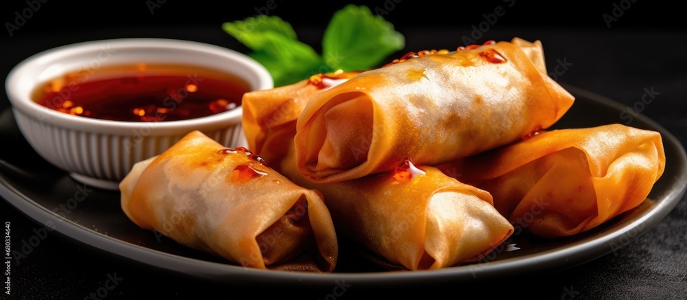 The closeup photo of a group of traditional Vietnamese spring rolls, known as nem, showcases their crispy and deep-fried exterior, making them a tasty appetizer or snack option.