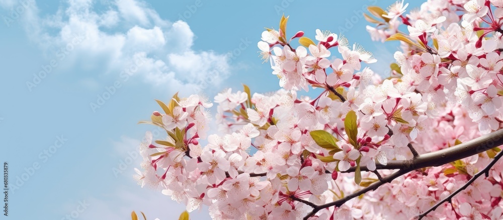 background of a beautiful spring day, a white flowering tree stands tall garden, filling the air with the scent of its pink blossoms, creating a happy and natural atmosphere.