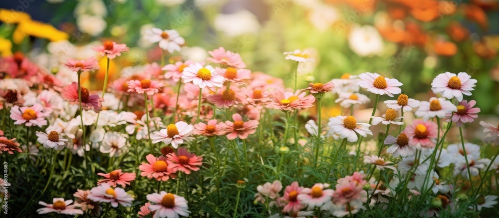 background of a blooming garden filled with greenery, vibrant orange and red flowers add bursts of color, while delicate white and pink florals enhance the beauty of nature during the summer and