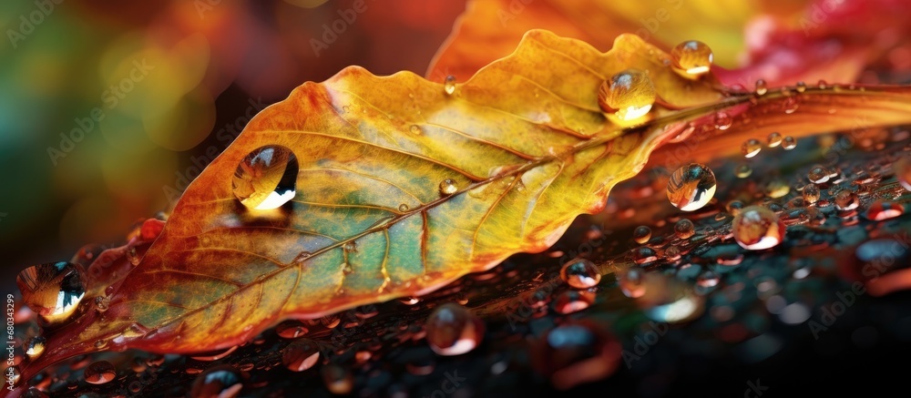 In the background, a mesmerizing abstract texture of water and nature unfolds as shimmering raindrops adorn the colorful, falling leaves. The organic plants leaf is a vibrant splash of color