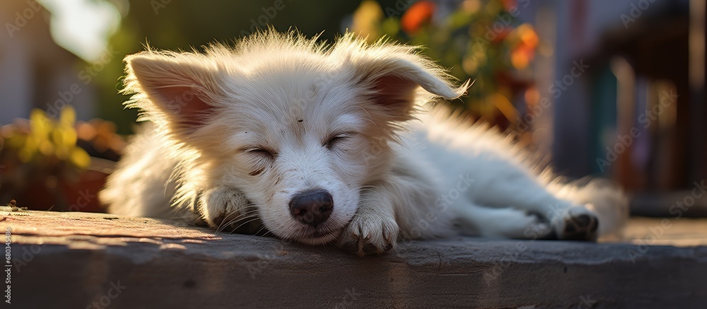 In the serene embrace of nature, a beautiful white puppy with a cute and innocent expression peacefully sleeps on the street, its fur shining under the sun, showcasing the irresistible charm of this