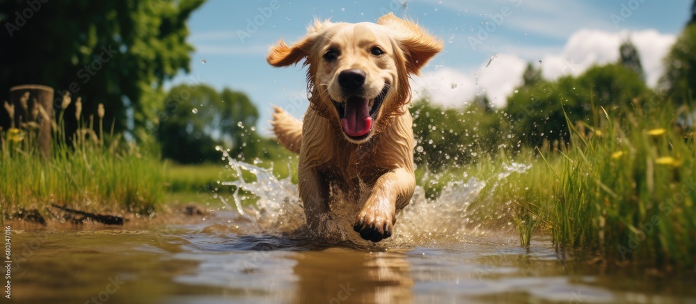 In the picturesque park, a beautiful Labrador happily bounds through a muddy field, his adorable portrait capturing the joy of his nature-filled adventure.