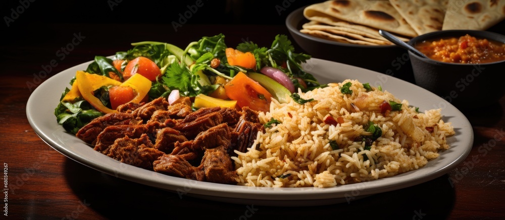 Caribbean, a Jamaican gourmet meal often includes curried goat, accompanied by a fragrant bed of red rice and a medley of vibrant vegetables, creating a flavorful Indian-inspired course that