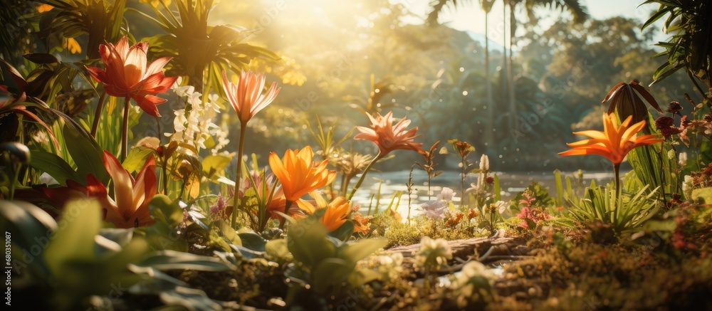 lush tropical garden, amidst a sea of vibrant green grass, the sun bathed the landscape with its warm golden light, illuminating the colorful flowers and creating the perfect background for a