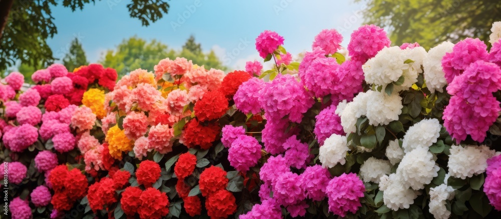 background of a vibrant garden, colorful flowers bloom, showcasing the beauty of nature midst of summer. The green leaves and floral arrangements add to the stunning array of colors, with red and pink