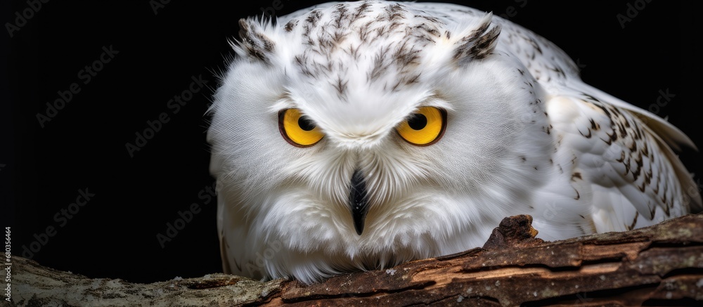 serene embrace of nature, a white-feathered owl perched on a branch, its piercing yellow eyes and sharp beak reflecting its predator nature as a carnivorous bird wildlife portrait.