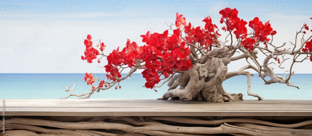 In the beautiful outdoor deck, against a white background, stood a striking red tropical plant adorned with cascading orchids, complemented by a natural driftwood display.