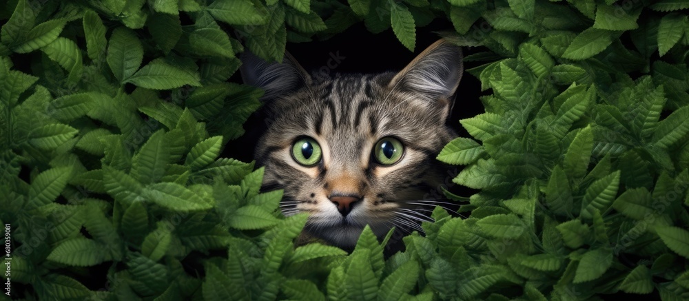 As the green park served as a background, a beautiful pattern of nature unfolded, complimented by the cute face of a cat, its eyes reflecting the funny and adorable nature of animals, while surrounded