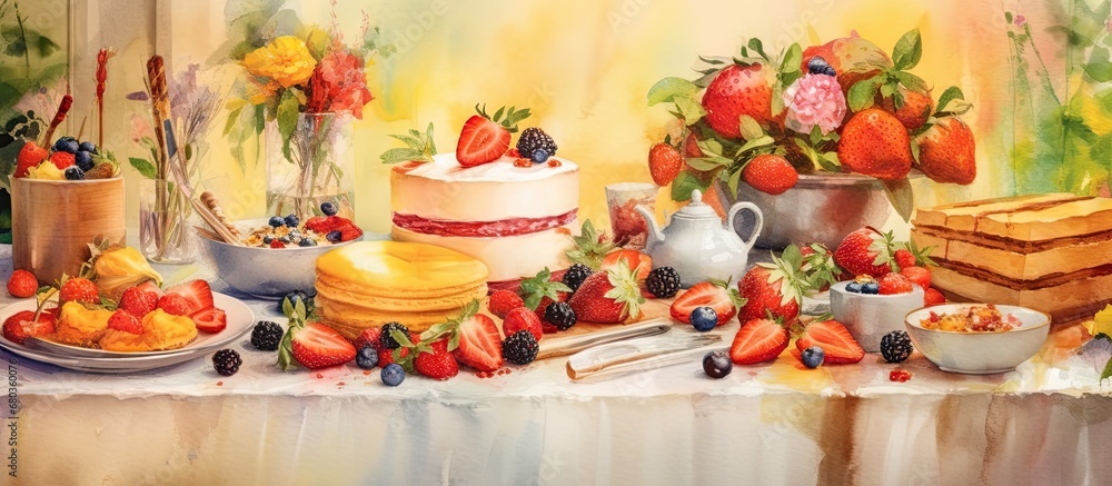 background of a watercolor painting, a summer table is set up with an array of delicious food and drinks. The scene is isolated, creating an intimate setting for a birthday celebration. The table is