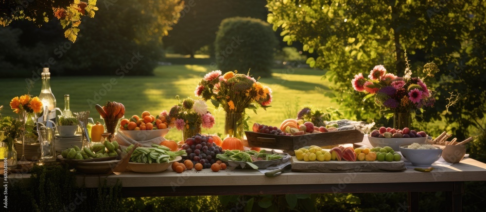 In the picturesque garden, a bountiful table was adorned with vibrant flowers, fresh food, and natural ingredients, reflecting a harmonious blend of nature and culinary delights that catered to health