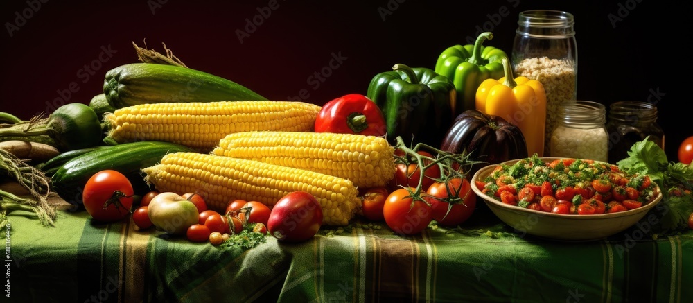 The green tablecloth provided a vibrant background as a healthy dinner spread was placed on the table, filled with plates of fresh vegetables, juicy tomatoes, and succulent meat and cheese, all