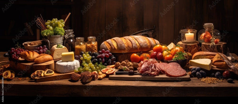 background of the cozy restaurant, a wooden table was adorned with a delectable spread of freshly baked bread, savory cheese, succulent meat, and an array of colorful vegetables a sumptuous breakfast