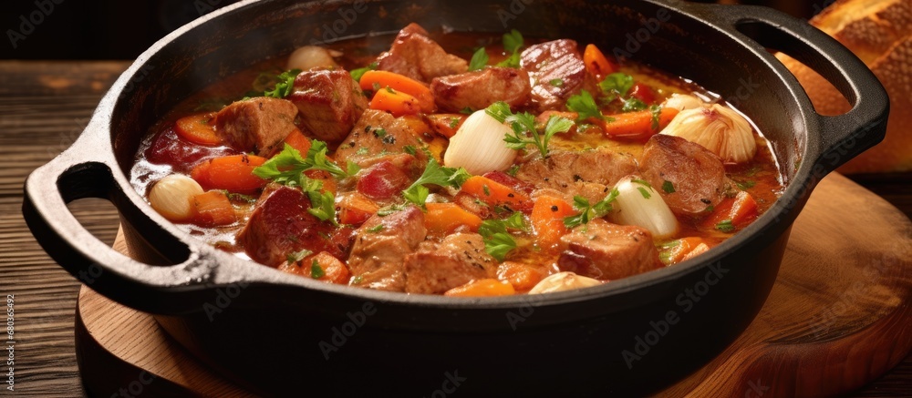 In a Slavic household, a pork stew simmered with vegetables like carrot and garlic, with a hint of bacon and pickled boletus, was cooked in a pot on the robust heat of a rye bread-fueled fire. The