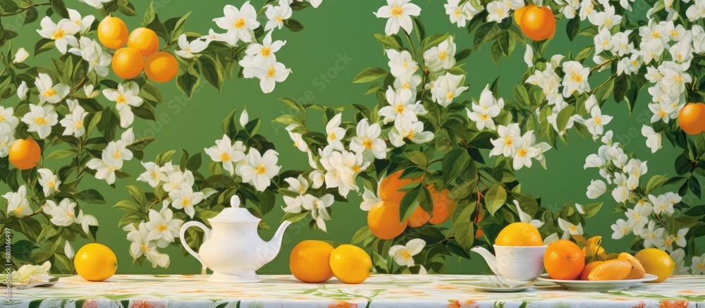 enchanting summer garden, a mesmerizing floral pattern takes shape against a verdant green background, as delicate white flowers bloom alongside vibrant orange petals, showcasing the inherent beauty