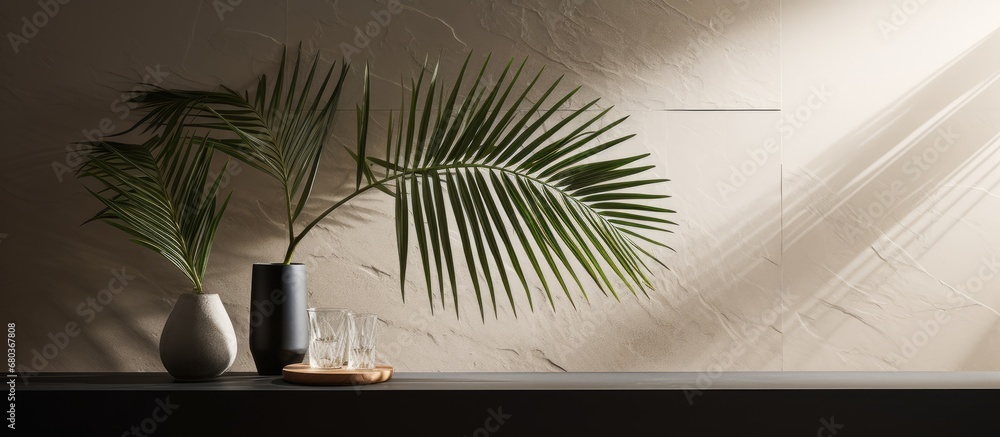 The Oriental palm cast a graceful shadow across the spas tranquil atmosphere, its textured leaves creating an abstract display of natures art, perfect for an elegant poster or flyer mockup, setting