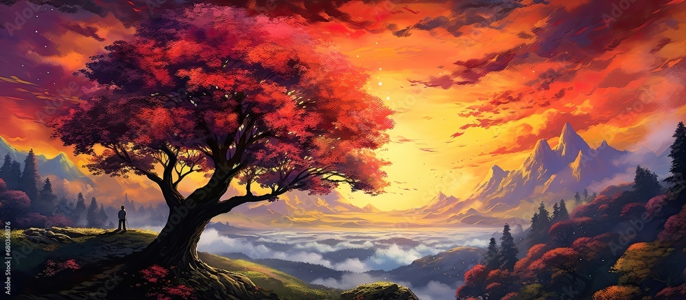 background of a vivid sky, adorned by the colors of summer, a traveler immersed in nature took majestic landscape, where trees stood tall amidst the light of the sun filtering through the autumn