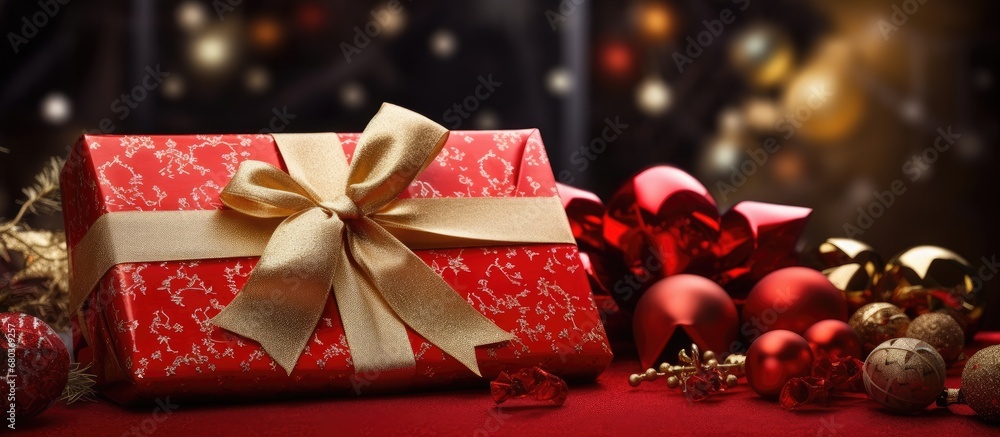 From a top view, the vibrant red ribbon adorned the gift box beneath the beautifully decorated Christmas tree, symbolizing the concept of joy and celebration during the holiday season and New Years