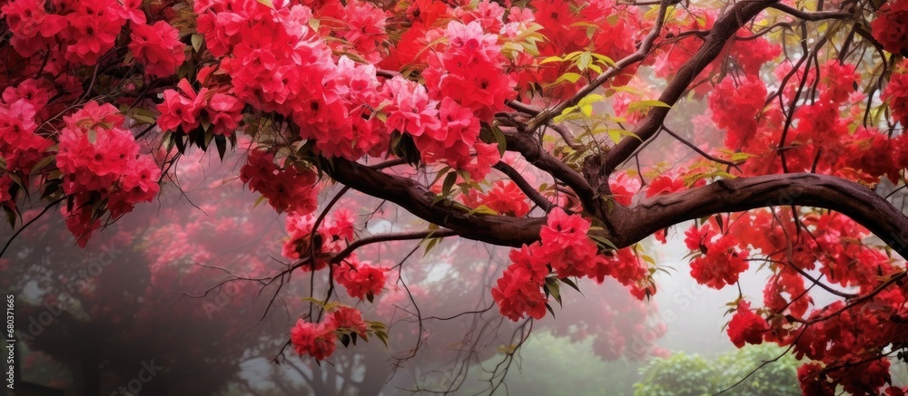 In the vibrant garden, the lush green leaves of the tree created a picturesque summer backdrop, while the vibrant red flowers added a pop of color, reflecting the beauty of nature in full bloom.