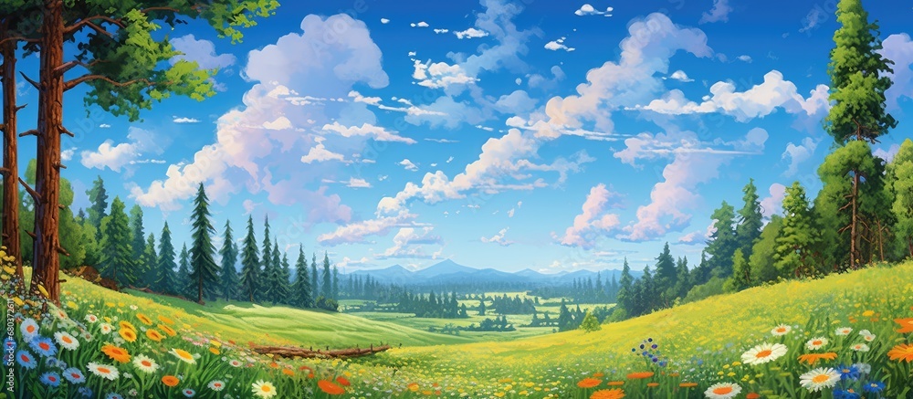 The vivid blue sky acts as a picturesque background against which the lush green grass, colorful floral blooms, and towering forest create a stunning summer landscape, while the warm sun radiates its