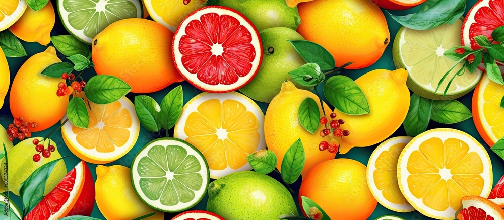 background of a sunny summer day, surrounded by the beauty of nature, a vibrant design of colorful fruits, including lemon, takes center stage, symbolizing the perfect blend of agriculture and health