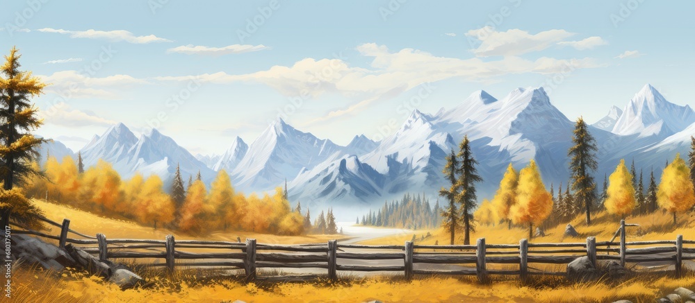 As the crisp autumn breeze rustled through the larches and the vibrant yellow leaves danced in the sky, the alpine landscape emerged, revealing a picturesque scene of peaceful tranquility, where the